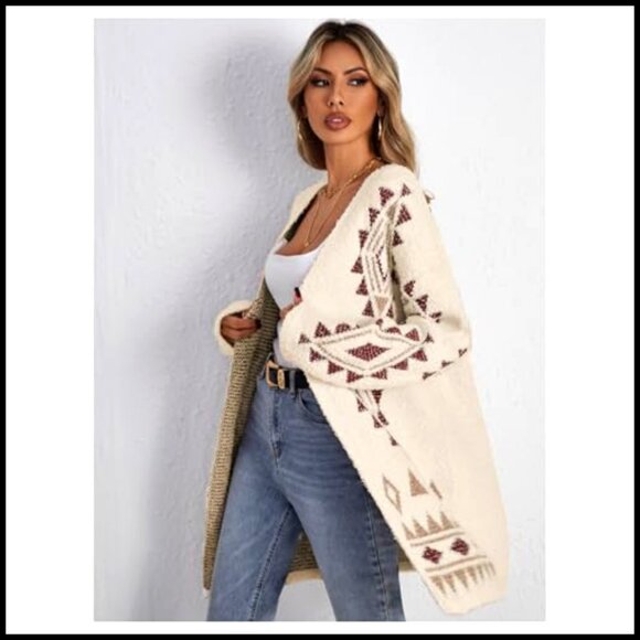 Long Sleeve Open Front Cardigan, Chunky Knit, Drop Shoulder, Boho Style - Picture 5 of 6